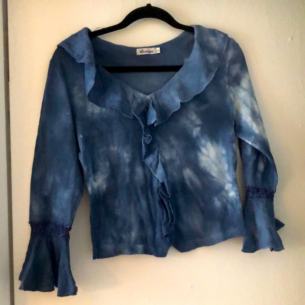 Blue Tie Dye Ruffled Scoop Neck Sweater